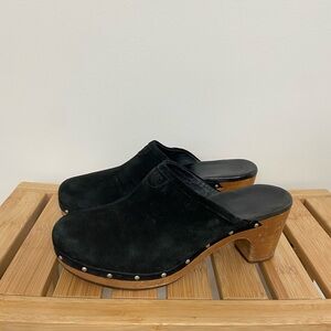 UGG Black Suede Clogs with Wooden Heel